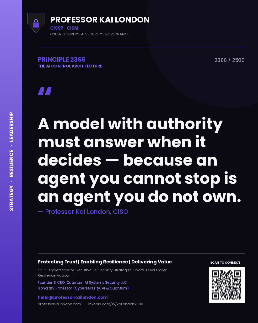 Quote card by Professor Kai London reading 'A model with authority must answer when it decides — because an agent you cannot stop is an agent you do not own.'. From the book The AI Control Architecture.