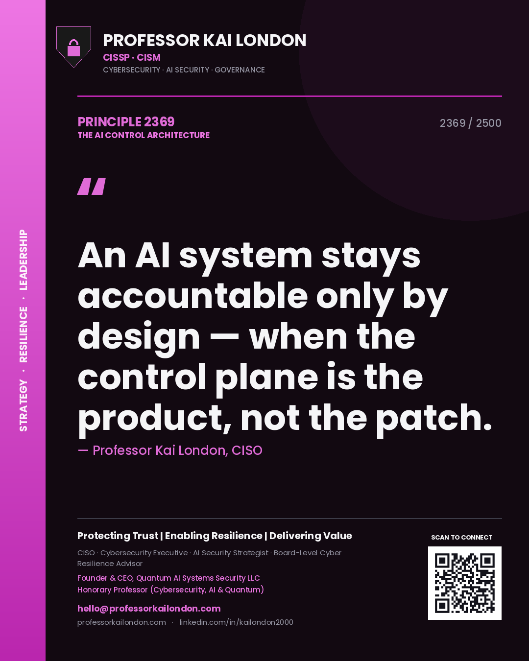 Professor Kai London principle 2369: An AI system stays accountable only by design — when the control plane is the product, not the patch.