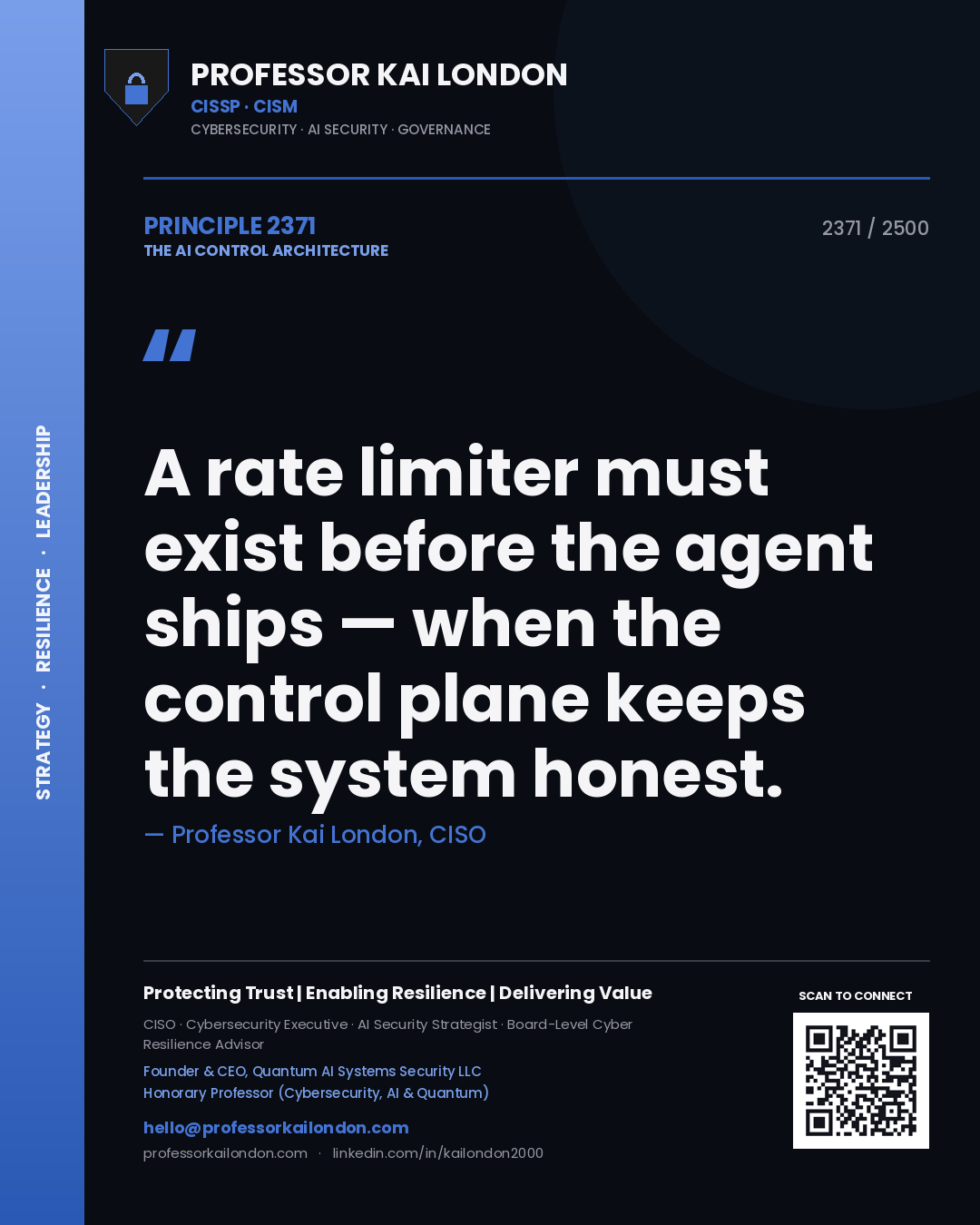 Professor Kai London principle 2371: A rate limiter must exist before the agent ships — when the control plane keeps the system honest.