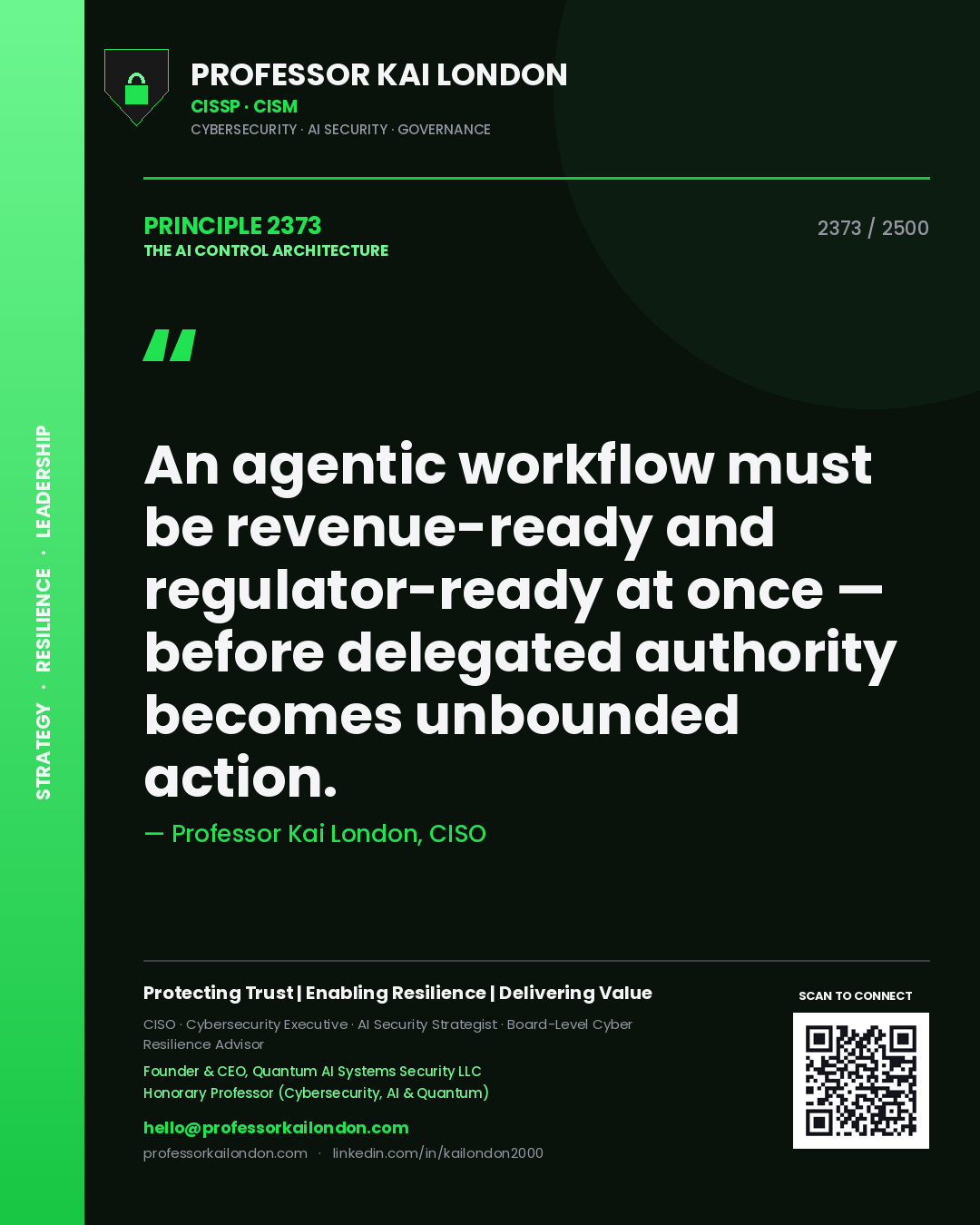 Professor Kai London principle 2373: An agentic workflow must be revenue-ready and regulator-ready at once — before delegated authority becomes unbounded action.