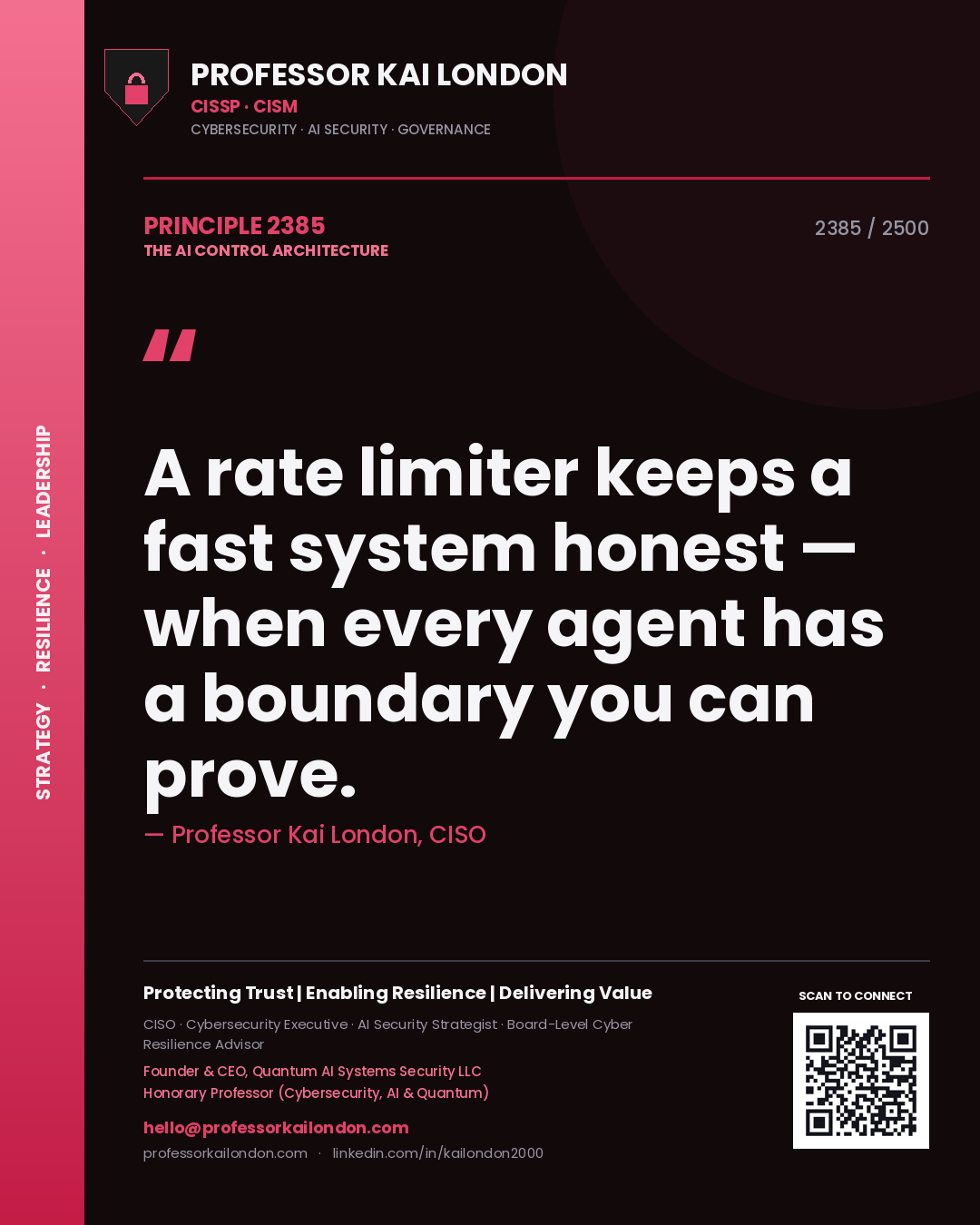 Professor Kai London principle 2385: A rate limiter keeps a fast system honest — when every agent has a boundary you can prove.