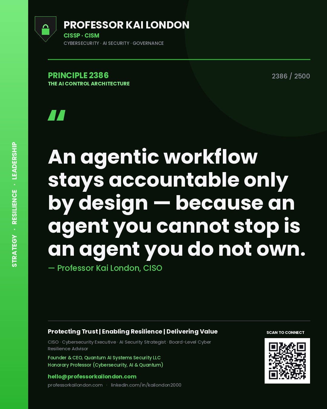 Professor Kai London principle 2386: An agentic workflow stays accountable only by design — because an agent you cannot stop is an agent you do not own.