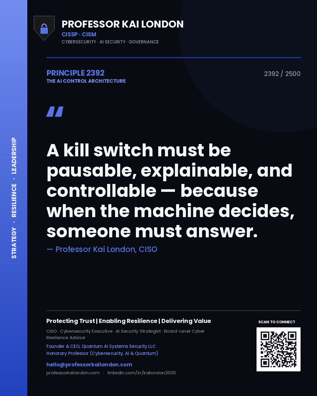 Professor Kai London principle 2392: A kill switch must be pausable, explainable, and controllable — because when the machine decides, someone must answer.