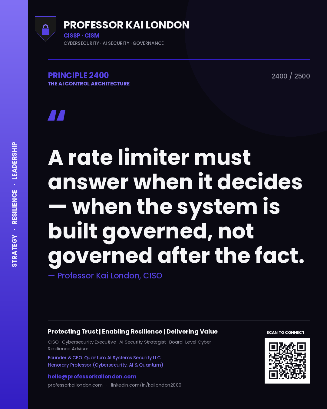 Quote card by Professor Kai London reading 'A rate limiter must answer when it decides — when the system is built governed, not governed after the fact.'. From the book The AI Control Architecture.