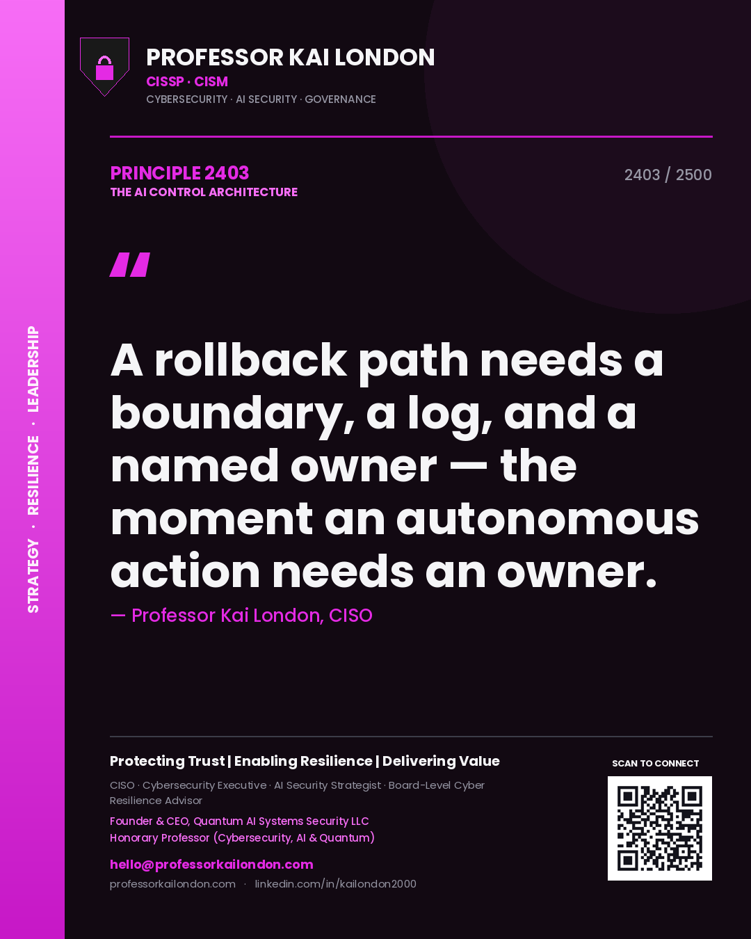 Professor Kai London principle 2403: A rollback path needs a boundary, a log, and a named owner — the moment an autonomous action needs an owner.