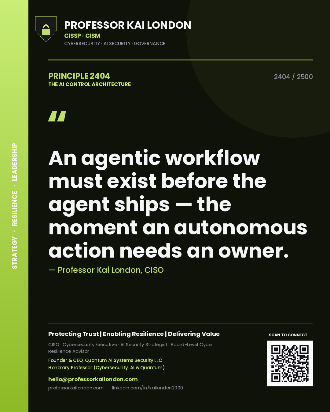 Quote card by Professor Kai London reading 'An agentic workflow must exist before the agent ships — the moment an autonomous action needs an owner.'. From the book The AI Control Architecture.