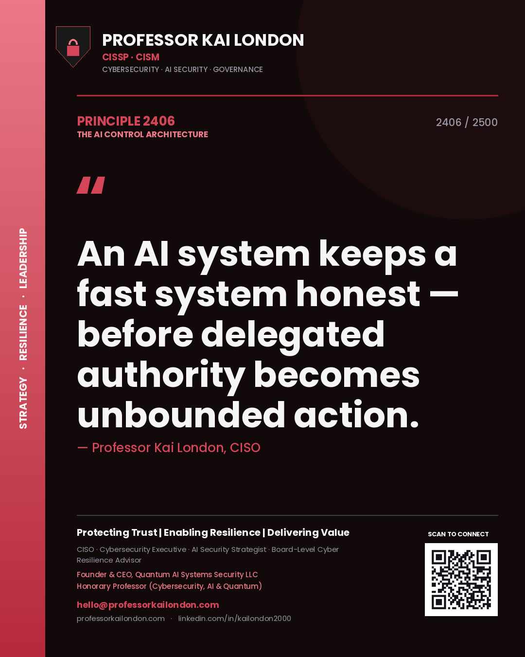 Professor Kai London principle 2406: An AI system keeps a fast system honest — before delegated authority becomes unbounded action.