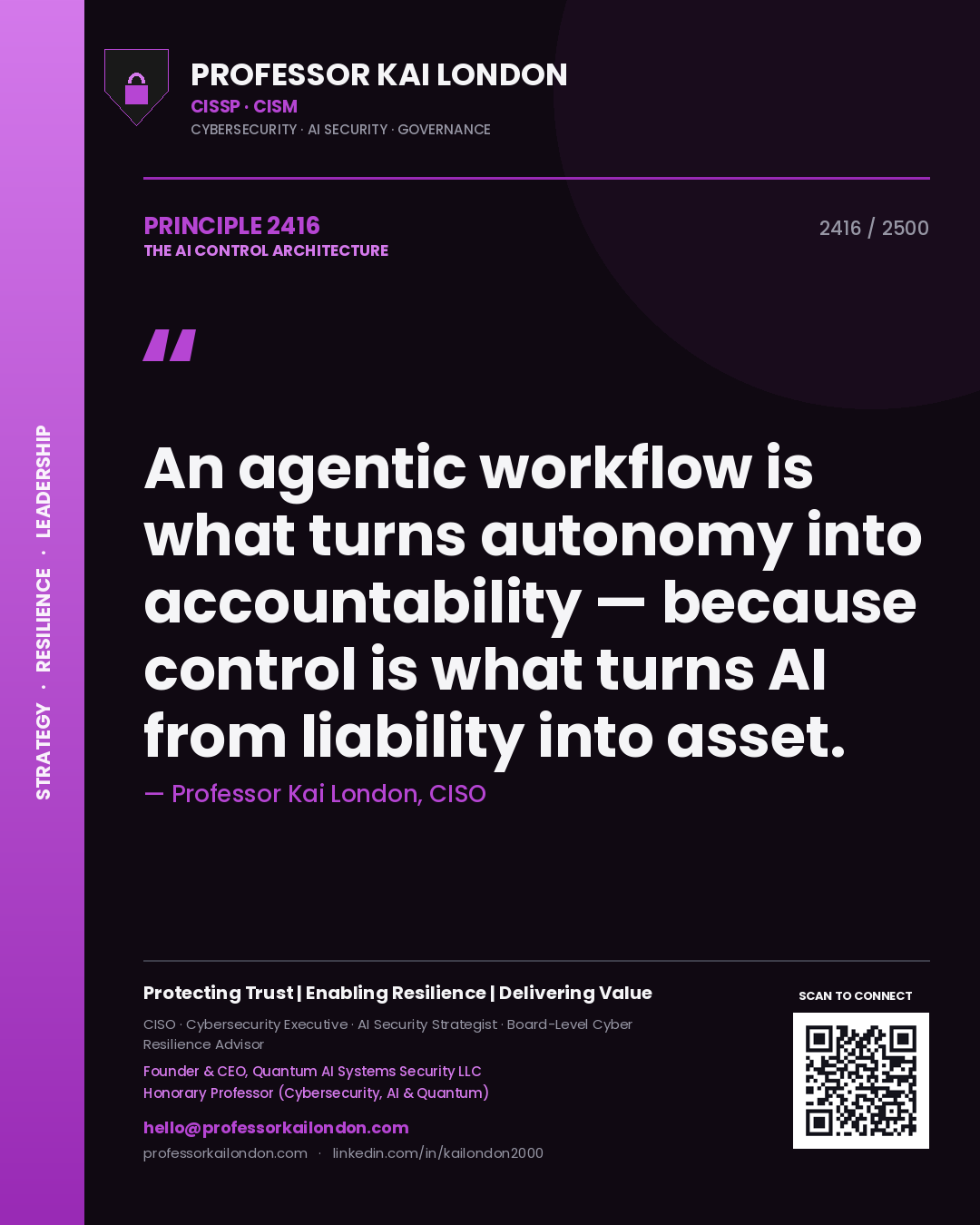 Professor Kai London principle 2416: An agentic workflow is what turns autonomy into accountability — because control is what turns AI from liability into asset.