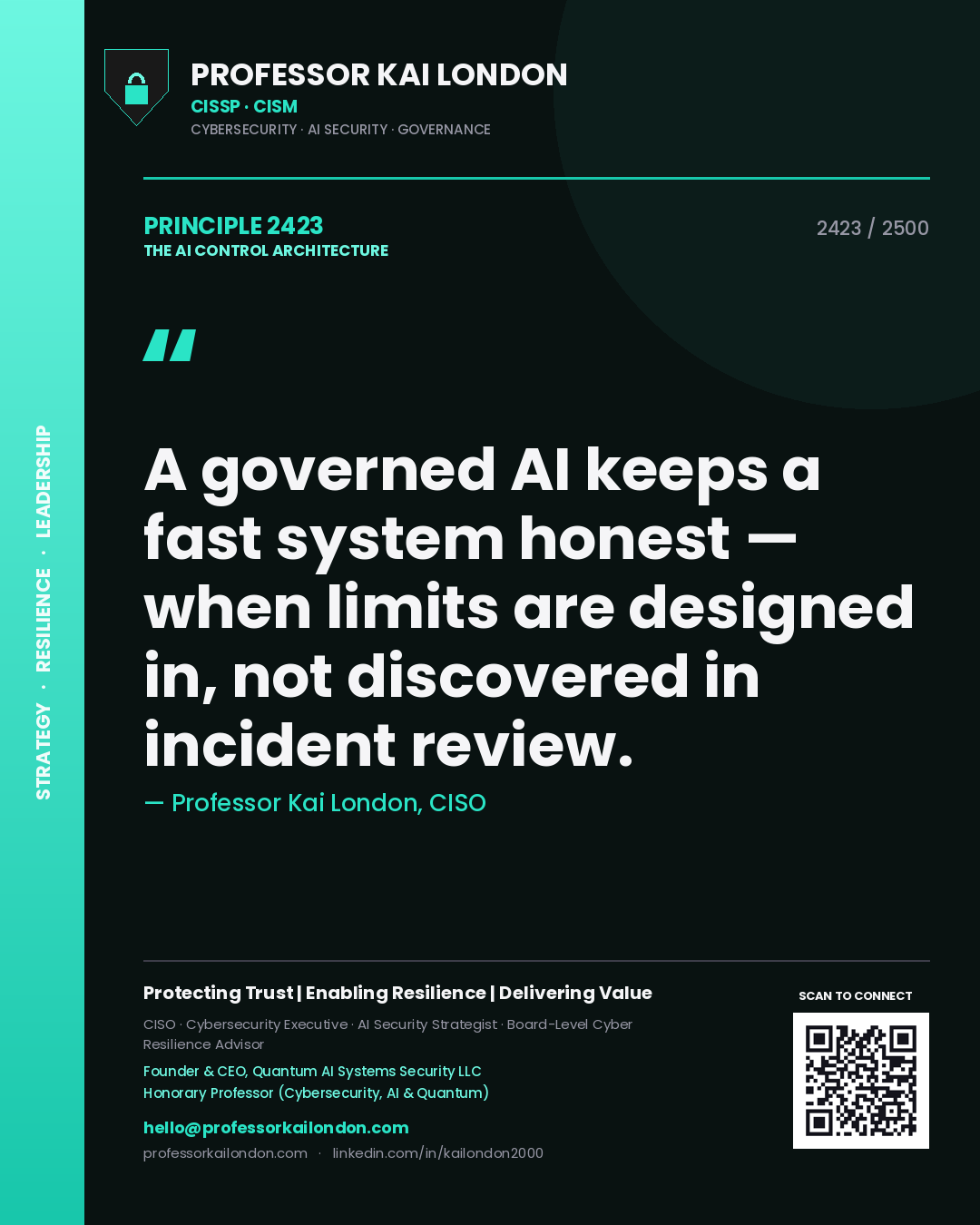 Quote card by Professor Kai London reading 'A governed AI keeps a fast system honest — when limits are designed in, not discovered in incident review.'. From the book The AI Control Architecture.