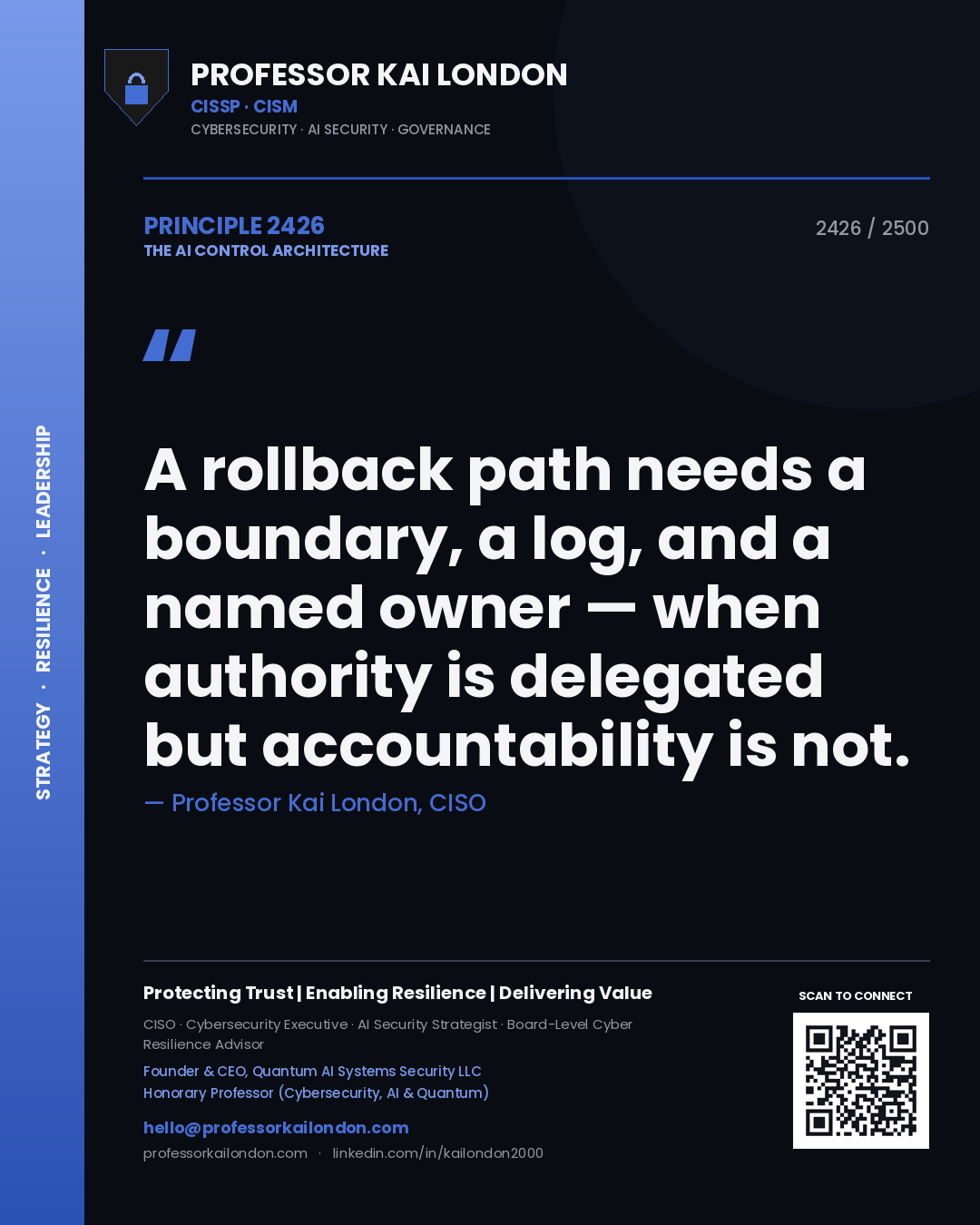 Quote card by Professor Kai London reading 'A rollback path needs a boundary, a log, and a named owner — when authority is delegated but accountability is not.'. From the book The AI Control Architecture.