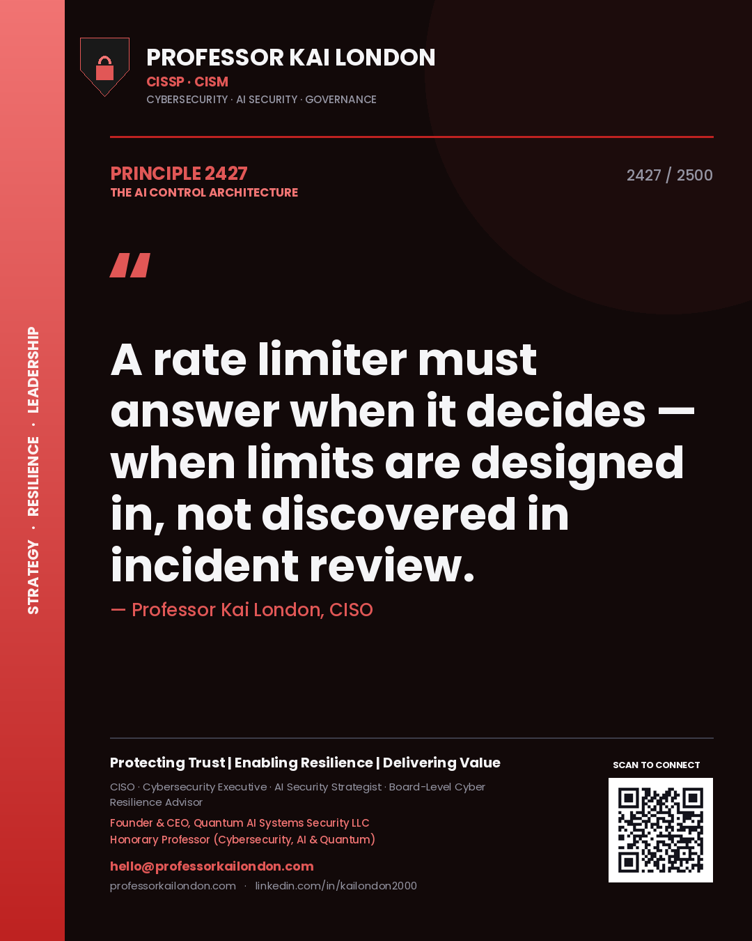 Professor Kai London principle 2427: A rate limiter must answer when it decides — when limits are designed in, not discovered in incident review.