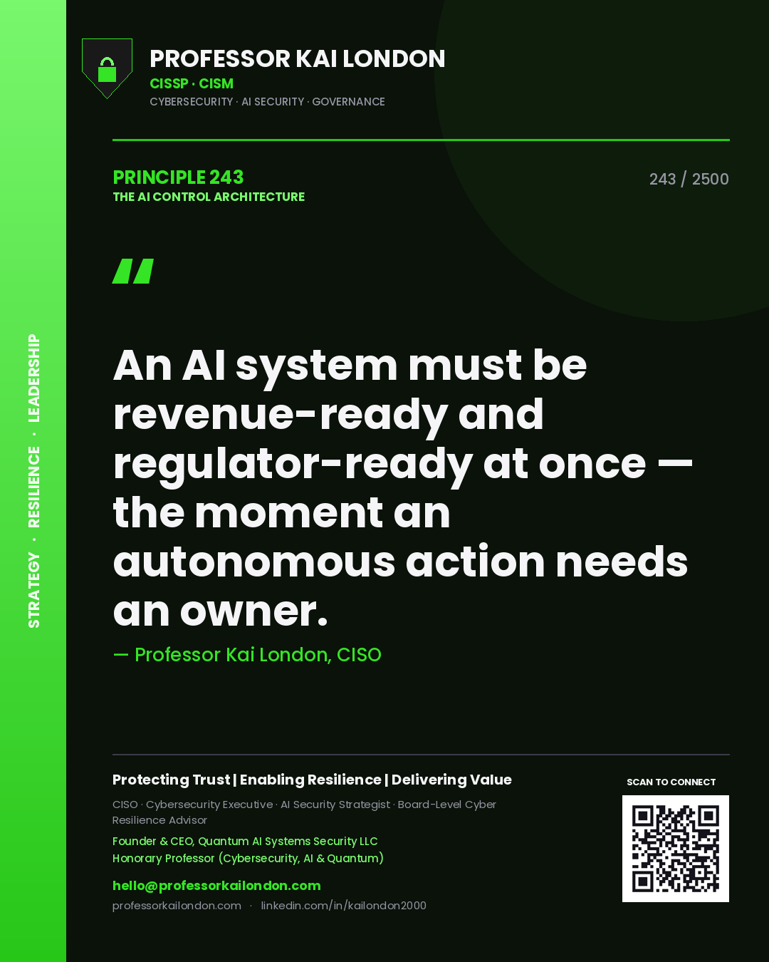 Quote card by Professor Kai London reading 'An AI system must be revenue-ready and regulator-ready at once — the moment an autonomous action needs an owner.'. From the book The AI Control Architecture.