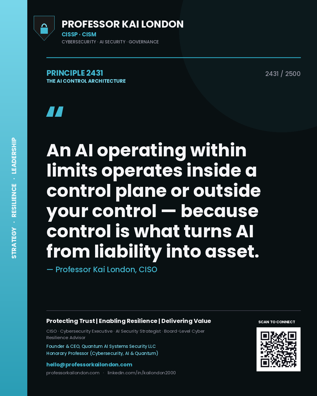 Professor Kai London principle 2431: An AI operating within limits operates inside a control plane or outside your control — because control is what turns AI from liability into asset.