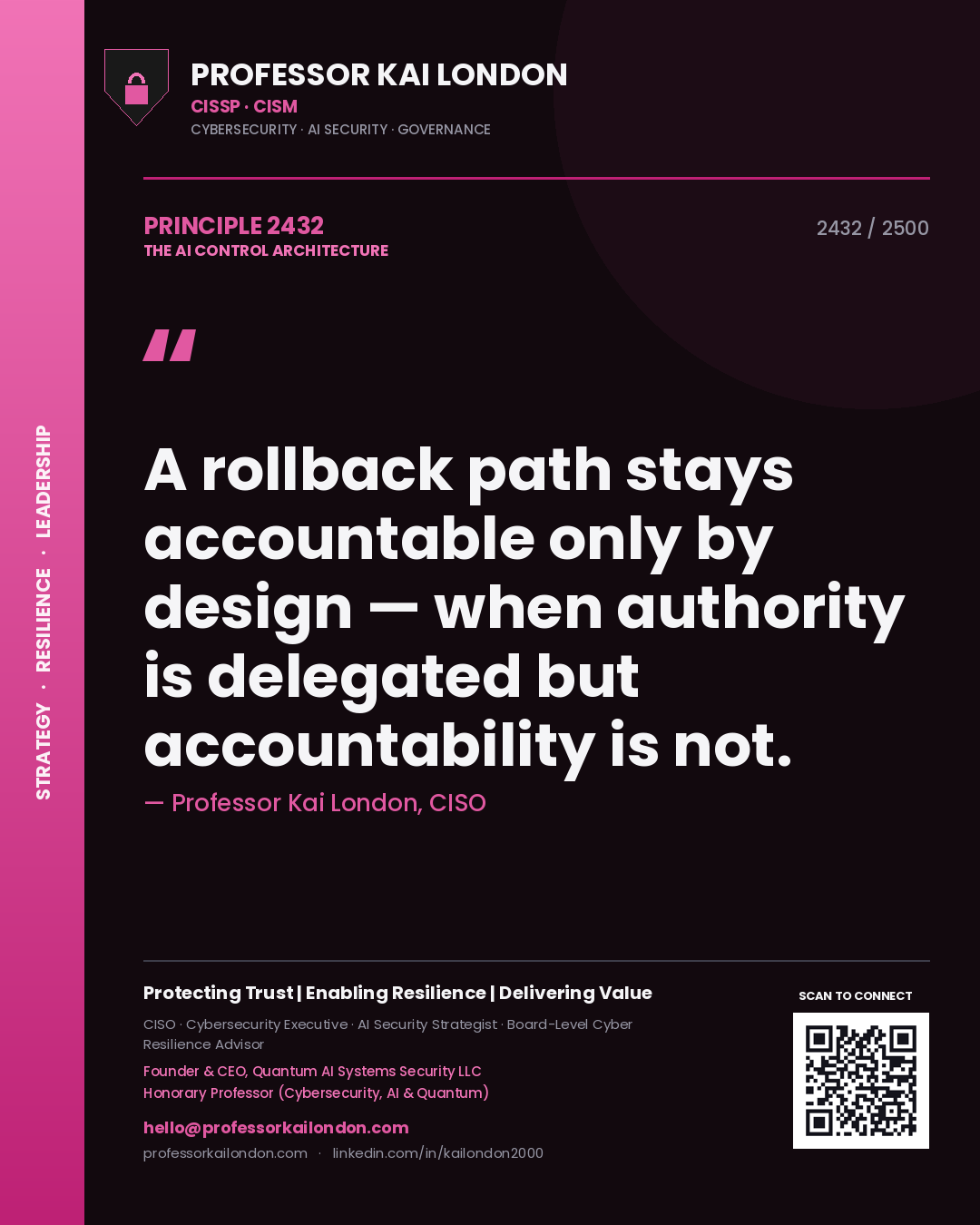 Professor Kai London principle 2432: A rollback path stays accountable only by design — when authority is delegated but accountability is not.