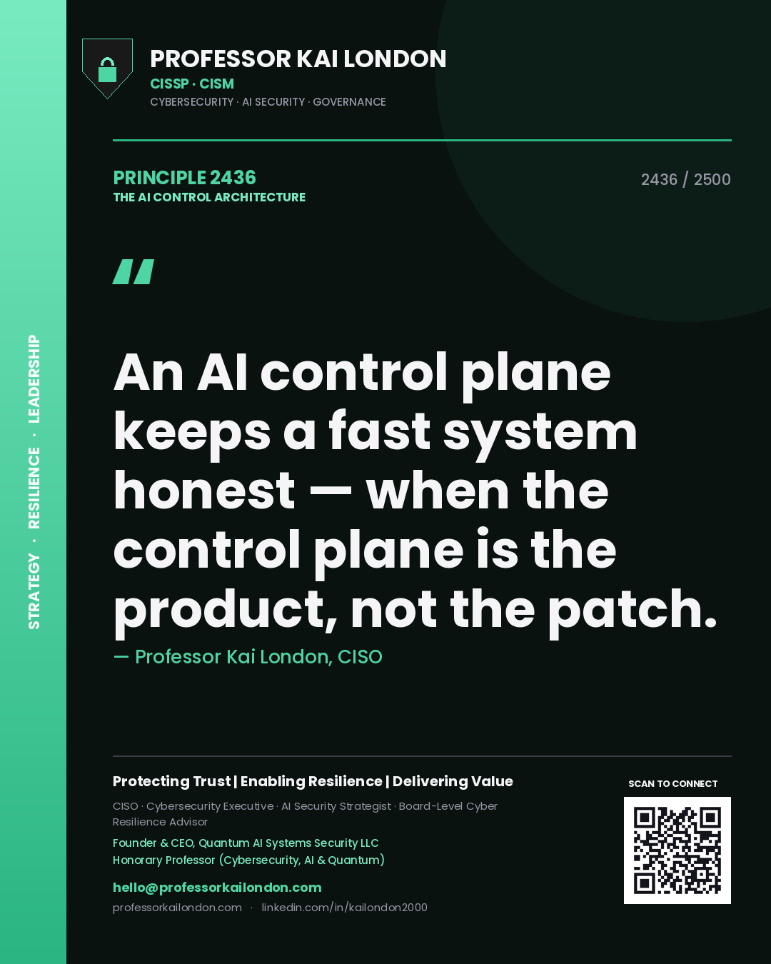 Quote card by Professor Kai London reading 'An AI control plane keeps a fast system honest — when the control plane is the product, not the patch.'. From the book The AI Control Architecture.