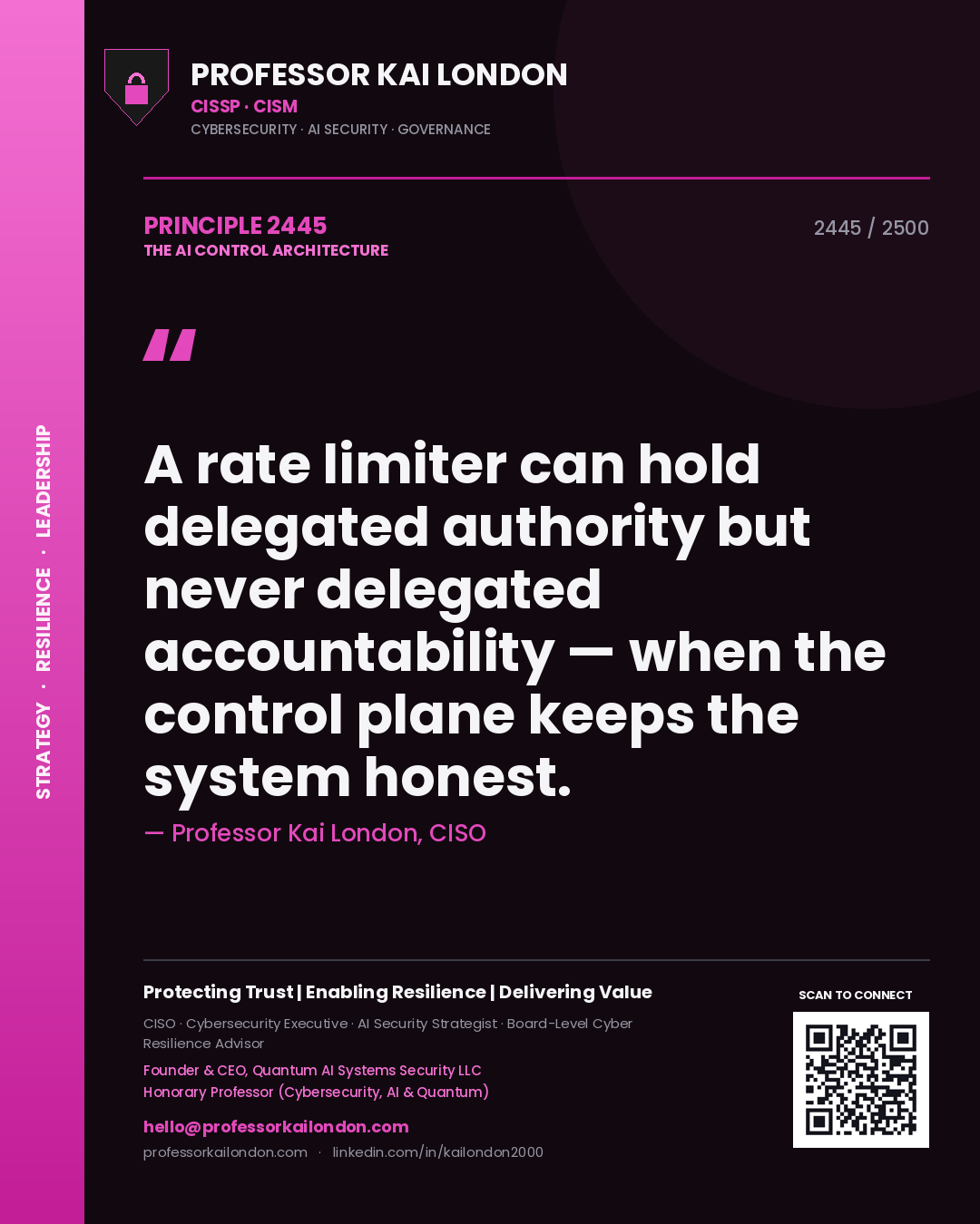 Professor Kai London principle 2445: A rate limiter can hold delegated authority but never delegated accountability — when the control plane keeps the system honest.
