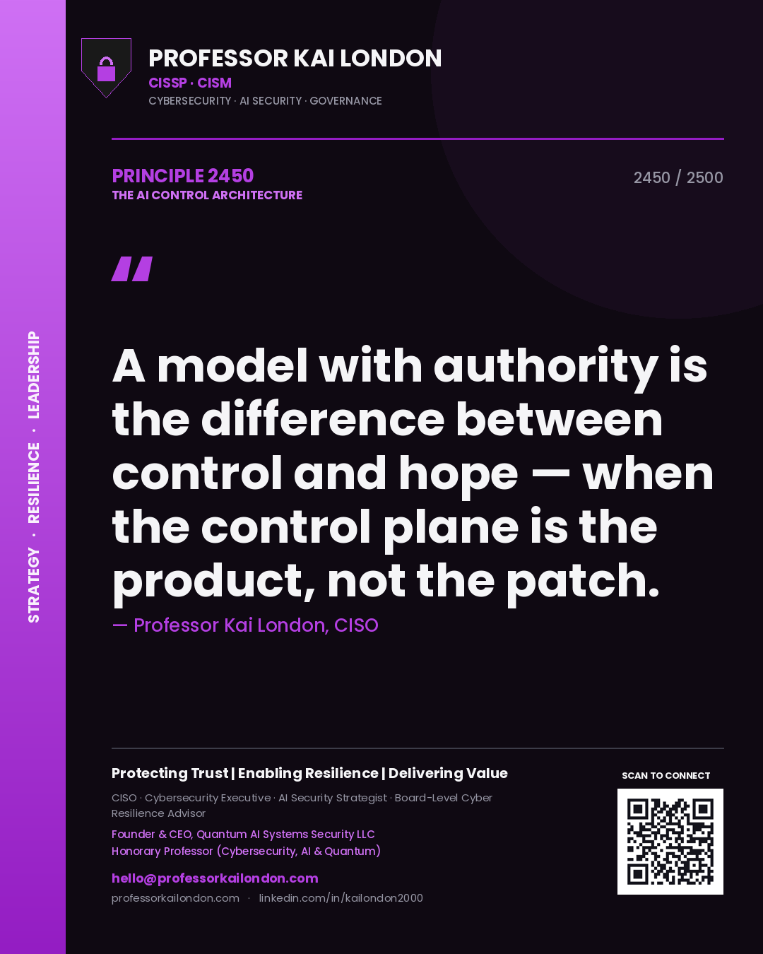 Professor Kai London principle 2450: A model with authority is the difference between control and hope — when the control plane is the product, not the patch.