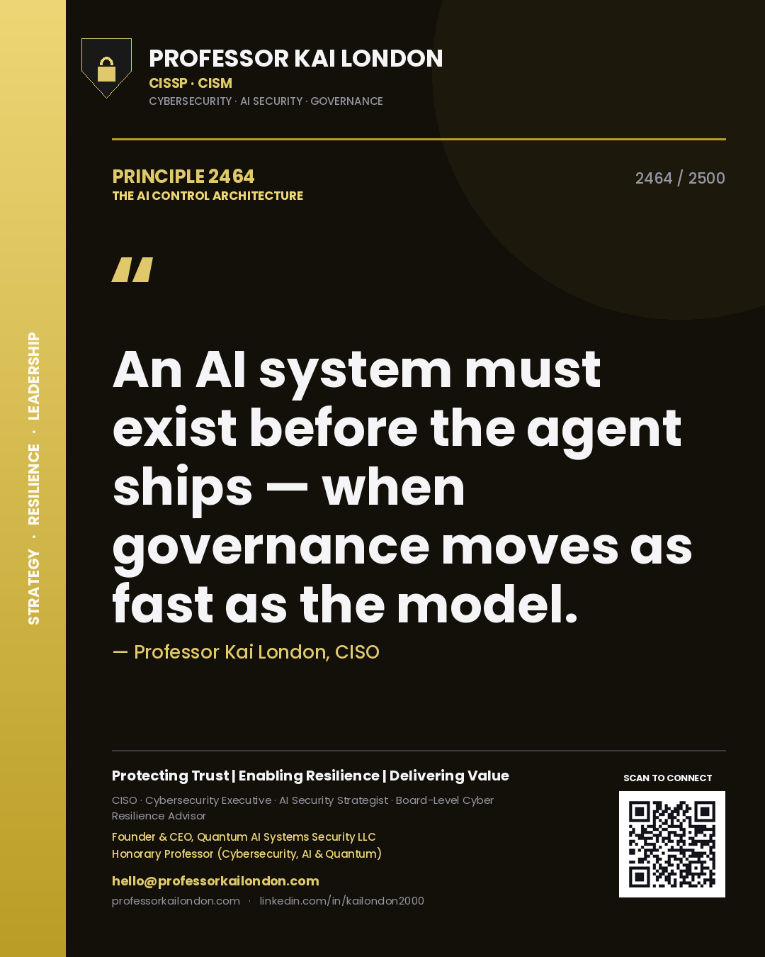 Professor Kai London principle 2464: An AI system must exist before the agent ships — when governance moves as fast as the model.