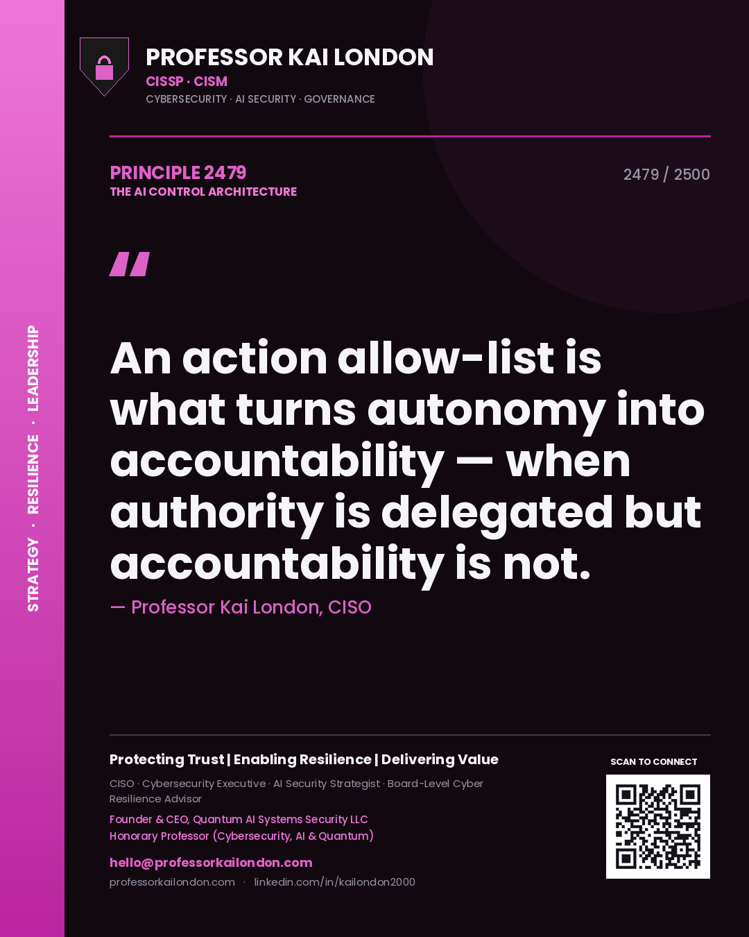 Professor Kai London principle 2479: An action allow-list is what turns autonomy into accountability — when authority is delegated but accountability is not.