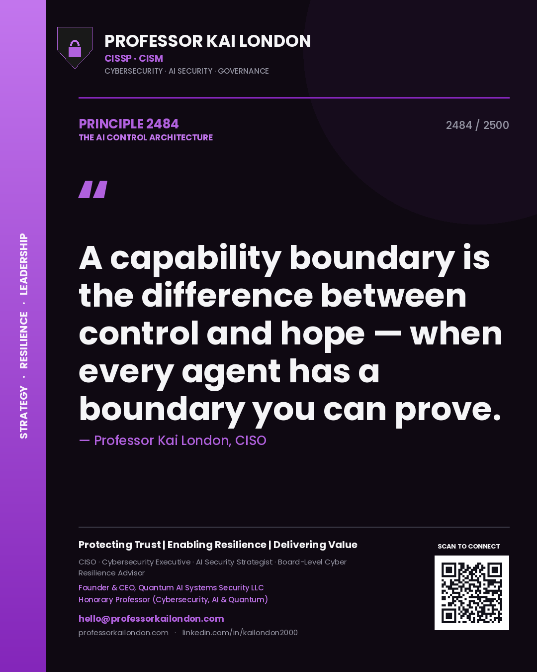 Quote card by Professor Kai London reading 'A capability boundary is the difference between control and hope — when every agent has a boundary you can prove.'. From the book The AI Control Architecture.