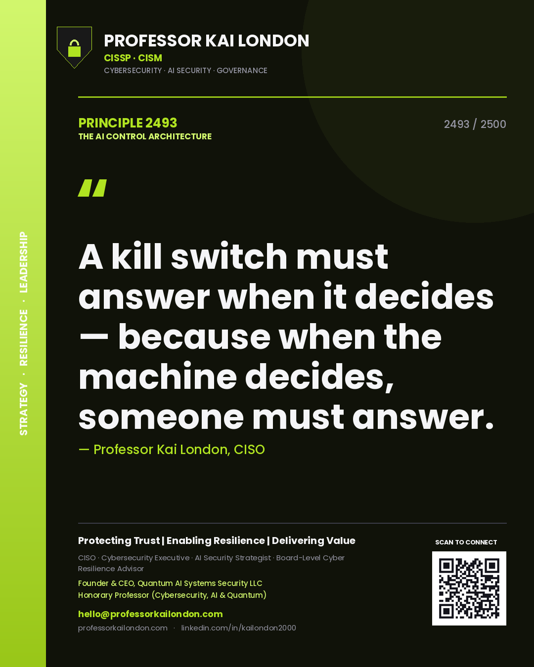 Quote card by Professor Kai London reading 'A kill switch must answer when it decides — because when the machine decides, someone must answer.'. From the book The AI Control Architecture.