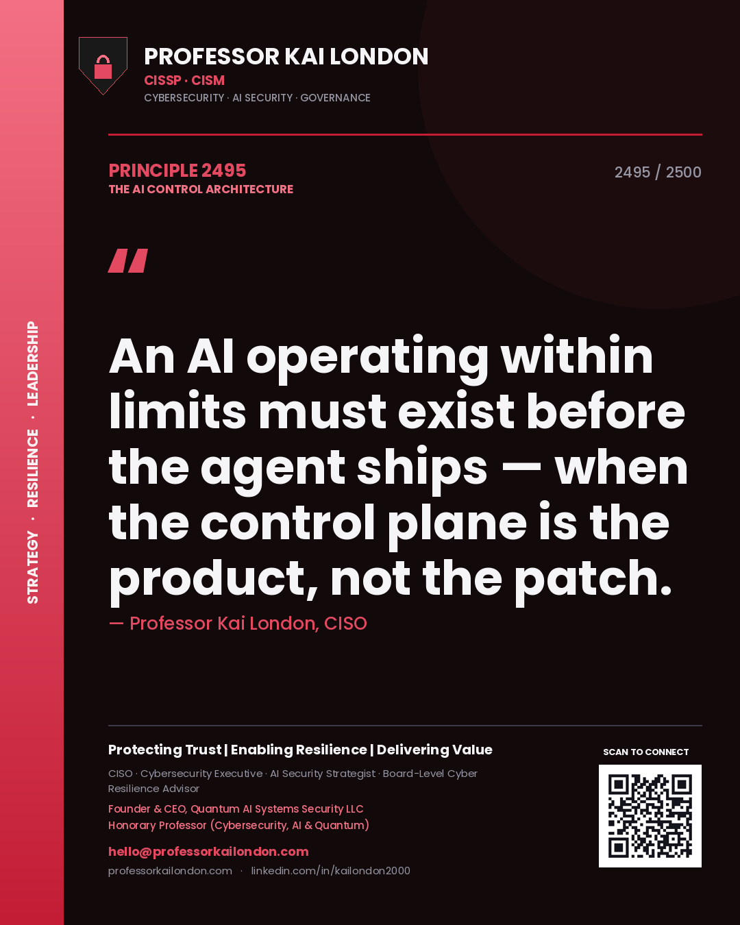 Professor Kai London principle 2495: An AI operating within limits must exist before the agent ships — when the control plane is the product, not the patch.