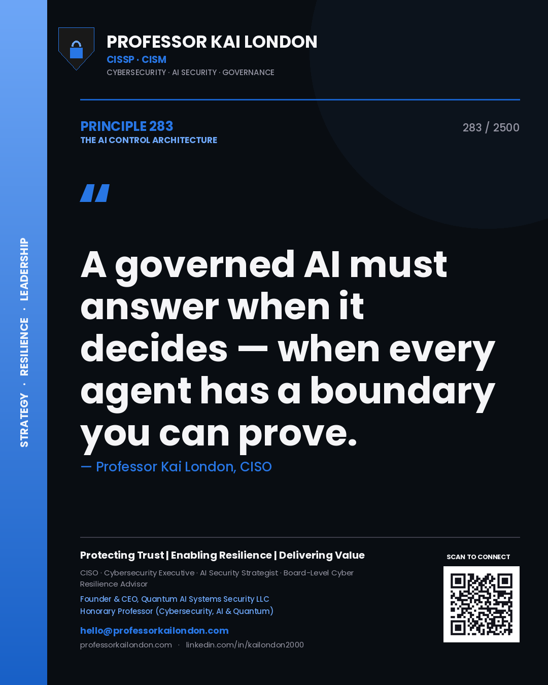 Quote card by Professor Kai London reading 'A governed AI must answer when it decides — when every agent has a boundary you can prove.'. From the book The AI Control Architecture.