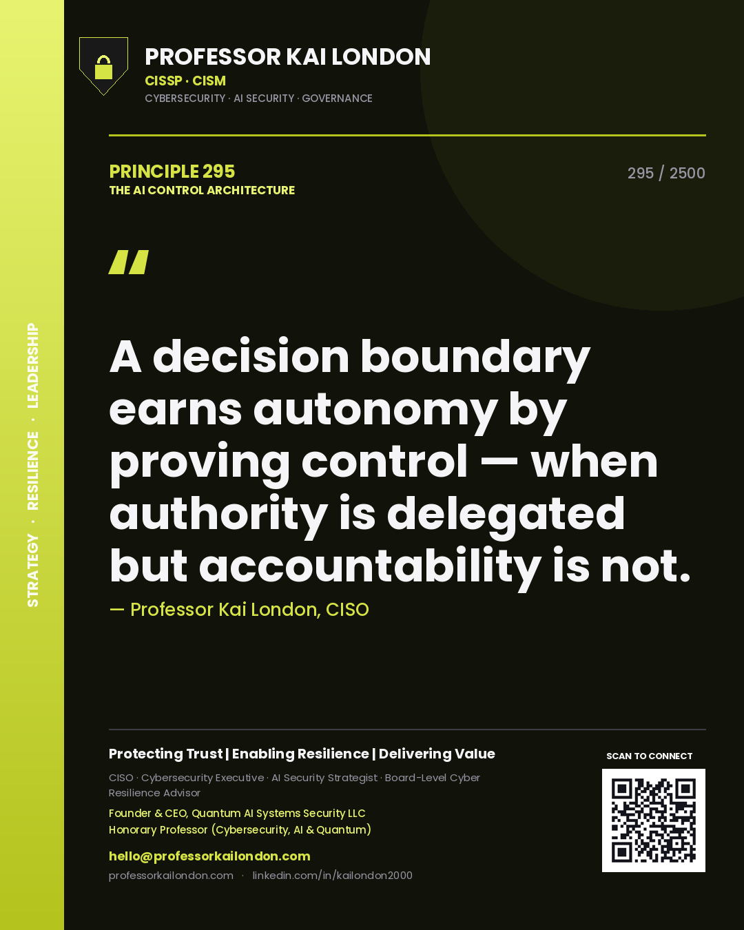 Quote card by Professor Kai London reading 'A decision boundary earns autonomy by proving control — when authority is delegated but accountability is not.'. From the book The AI Control Architecture.