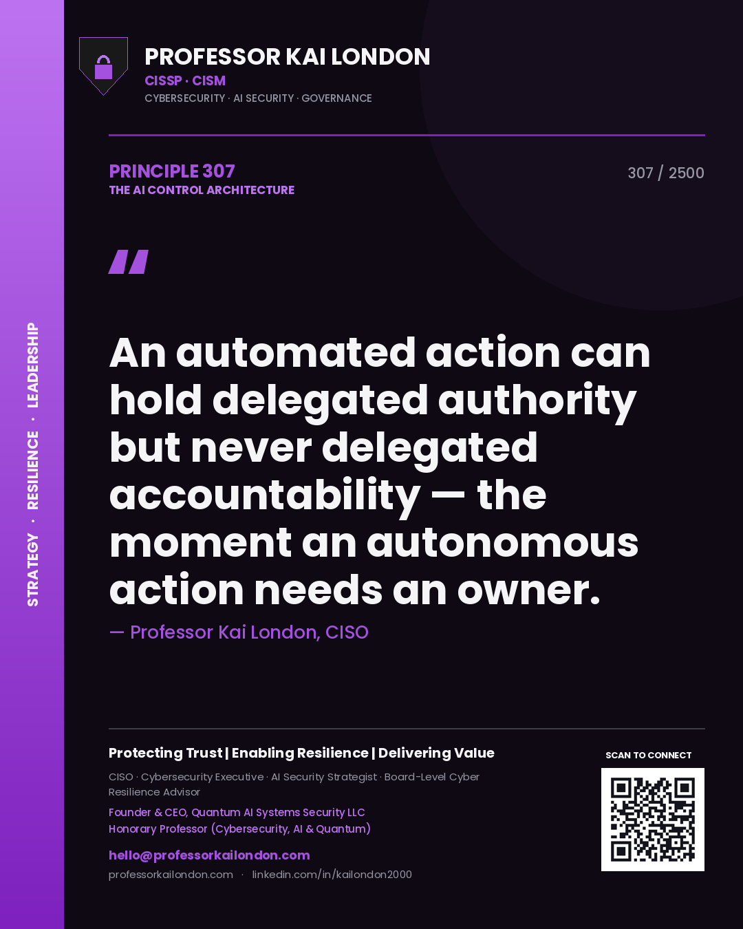 Quote card by Professor Kai London reading 'An automated action can hold delegated authority but never delegated accountability — the moment an autonomous action needs an owner.'. From the book The AI Control Architecture.