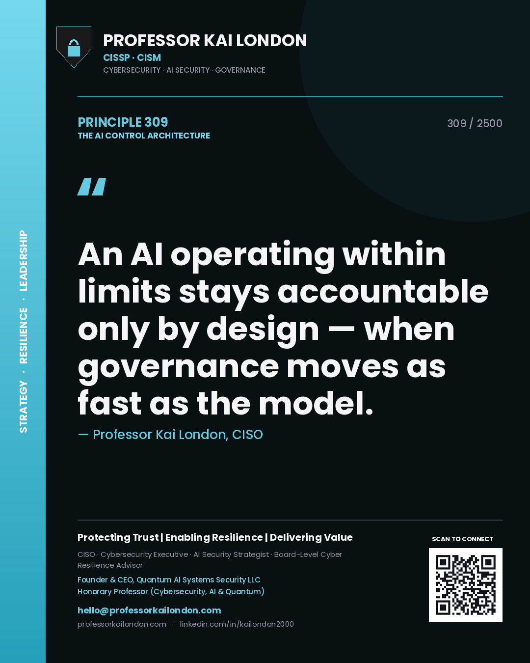 Quote card by Professor Kai London reading 'An AI operating within limits stays accountable only by design — when governance moves as fast as the model.'. From the book The AI Control Architecture.