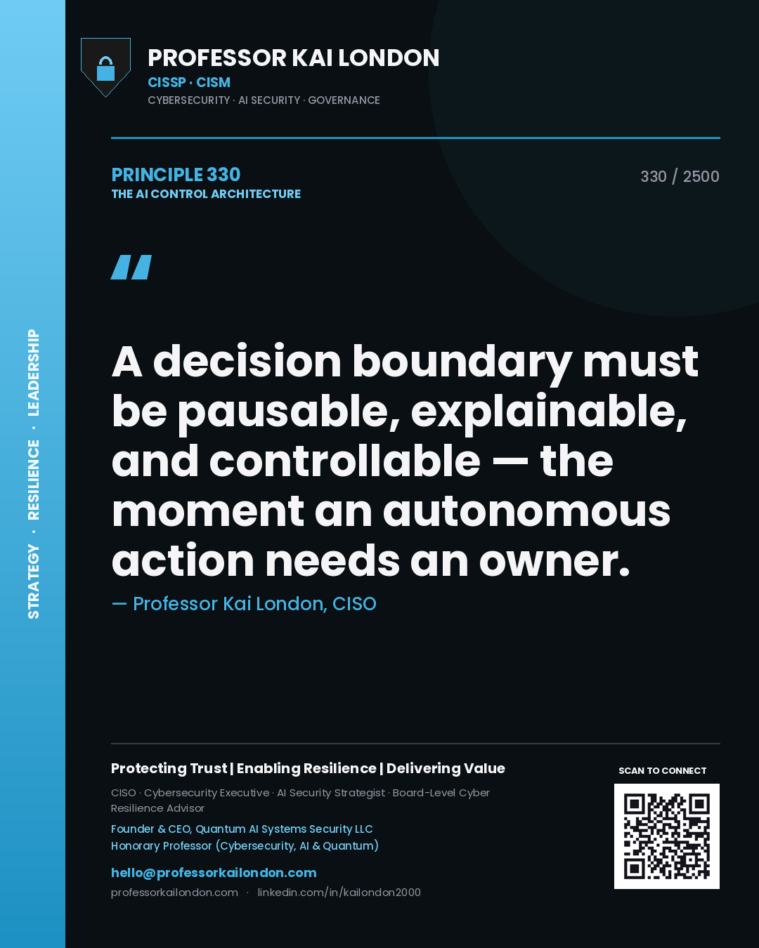 Quote card by Professor Kai London reading 'A decision boundary must be pausable, explainable, and controllable — the moment an autonomous action needs an owner.'. From the book The AI Control Architecture.