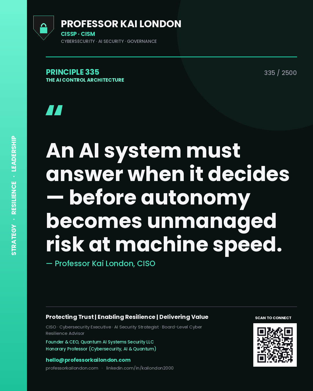 Quote card by Professor Kai London reading 'An AI system must answer when it decides — before autonomy becomes unmanaged risk at machine speed.'. From the book The AI Control Architecture.