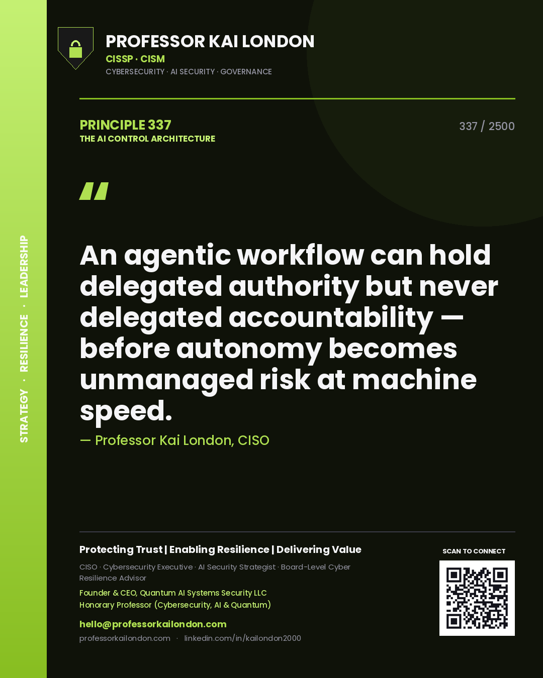 Quote card by Professor Kai London reading 'An agentic workflow can hold delegated authority but never delegated accountability — before autonomy becomes unmanaged risk at machine speed.'. From the book The AI Control Architecture.