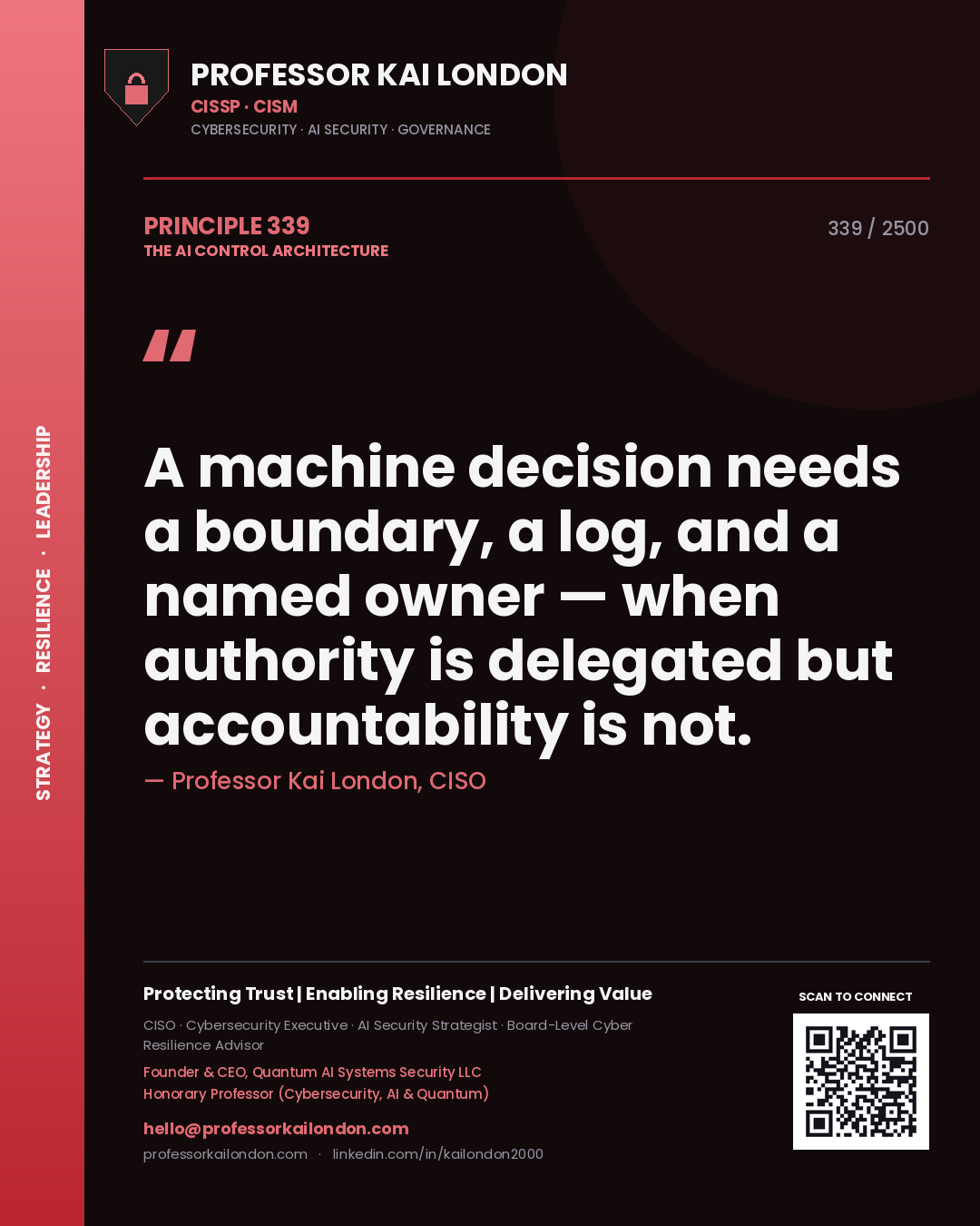 Quote card by Professor Kai London reading 'A machine decision needs a boundary, a log, and a named owner — when authority is delegated but accountability is not.'. From the book The AI Control Architecture.