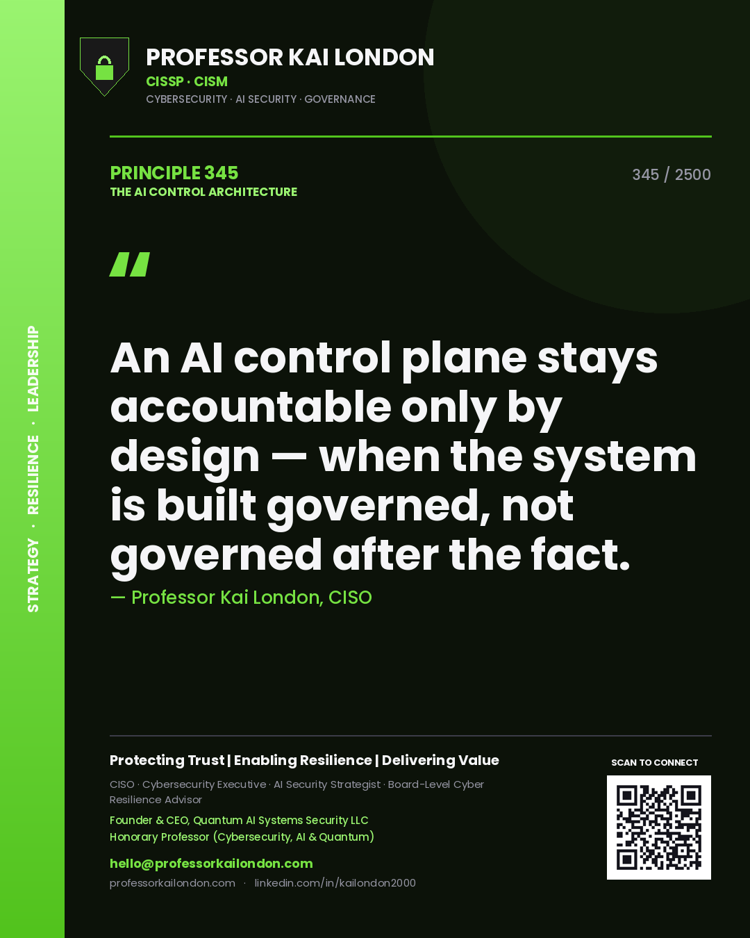 Quote card by Professor Kai London reading 'An AI control plane stays accountable only by design — when the system is built governed, not governed after the fact.'. From the book The AI Control Architecture.