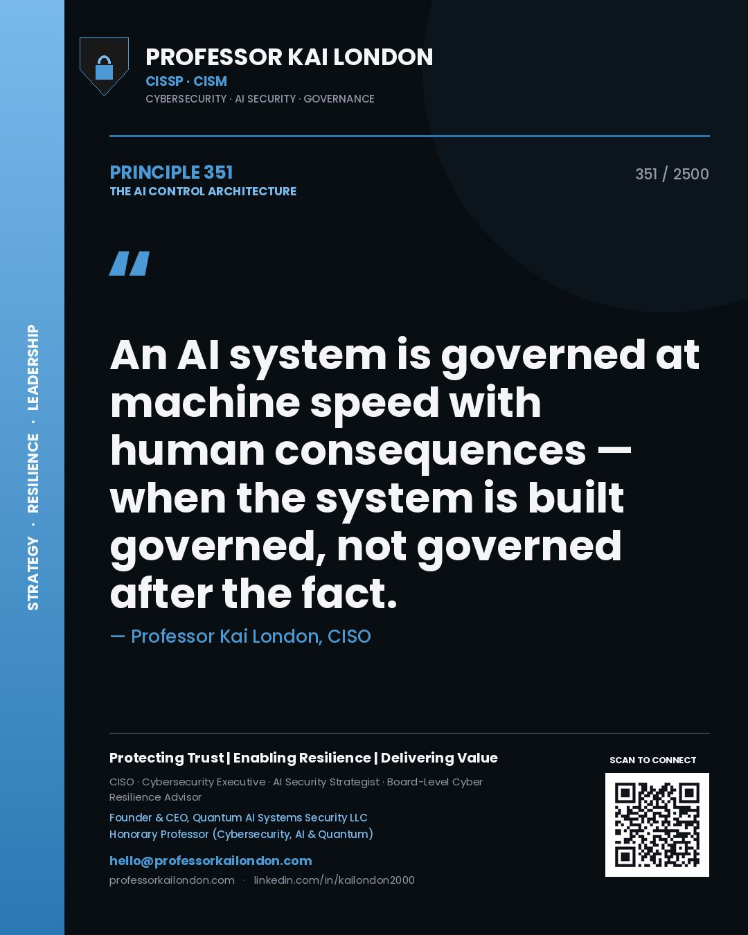 Professor Kai London principle 351: An AI system is governed at machine speed with human consequences — when the system is built governed, not governed after the fact.