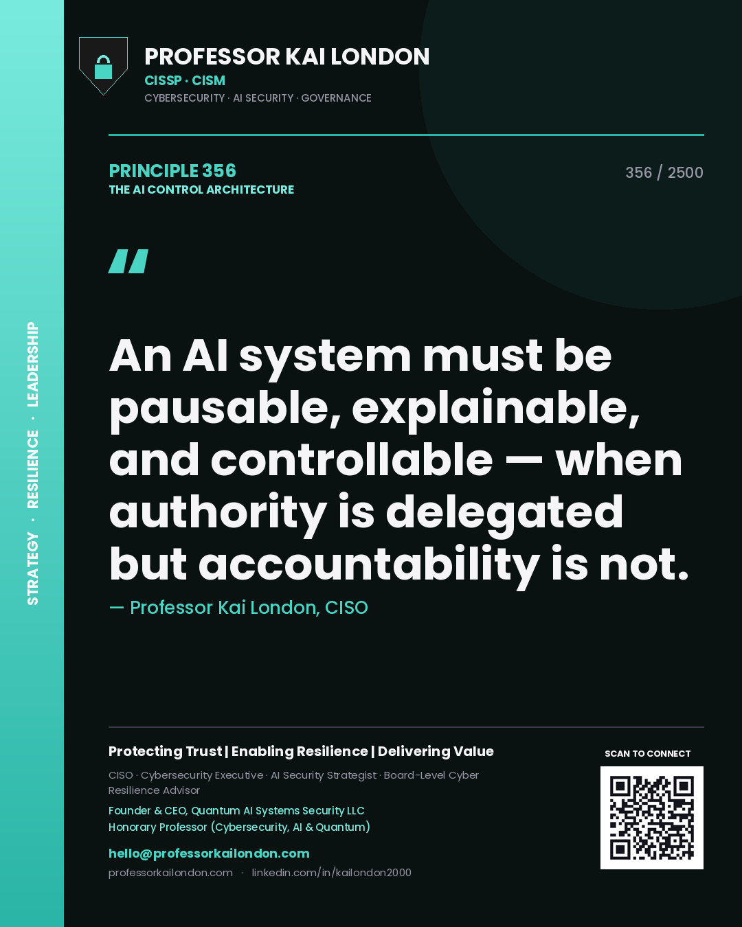 Quote card by Professor Kai London reading 'An AI system must be pausable, explainable, and controllable — when authority is delegated but accountability is not.'. From the book The AI Control Architecture.