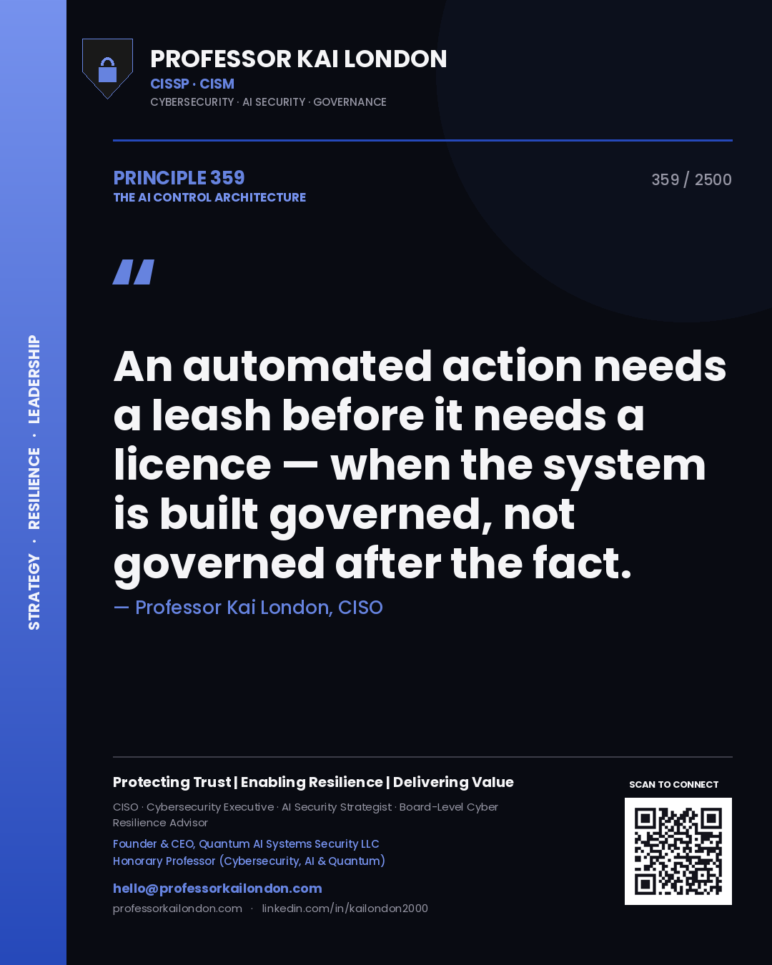 Quote card by Professor Kai London reading 'An automated action needs a leash before it needs a licence — when the system is built governed, not governed after the fact.'. From the book The AI Control Architecture.