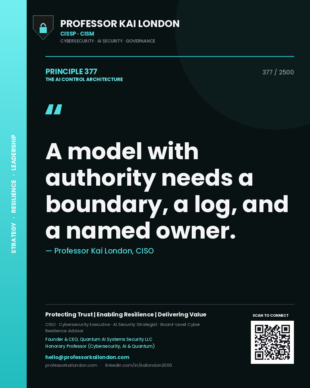 Quote card by Professor Kai London reading 'A model with authority needs a boundary, a log, and a named owner.'. From the book The AI Control Architecture.