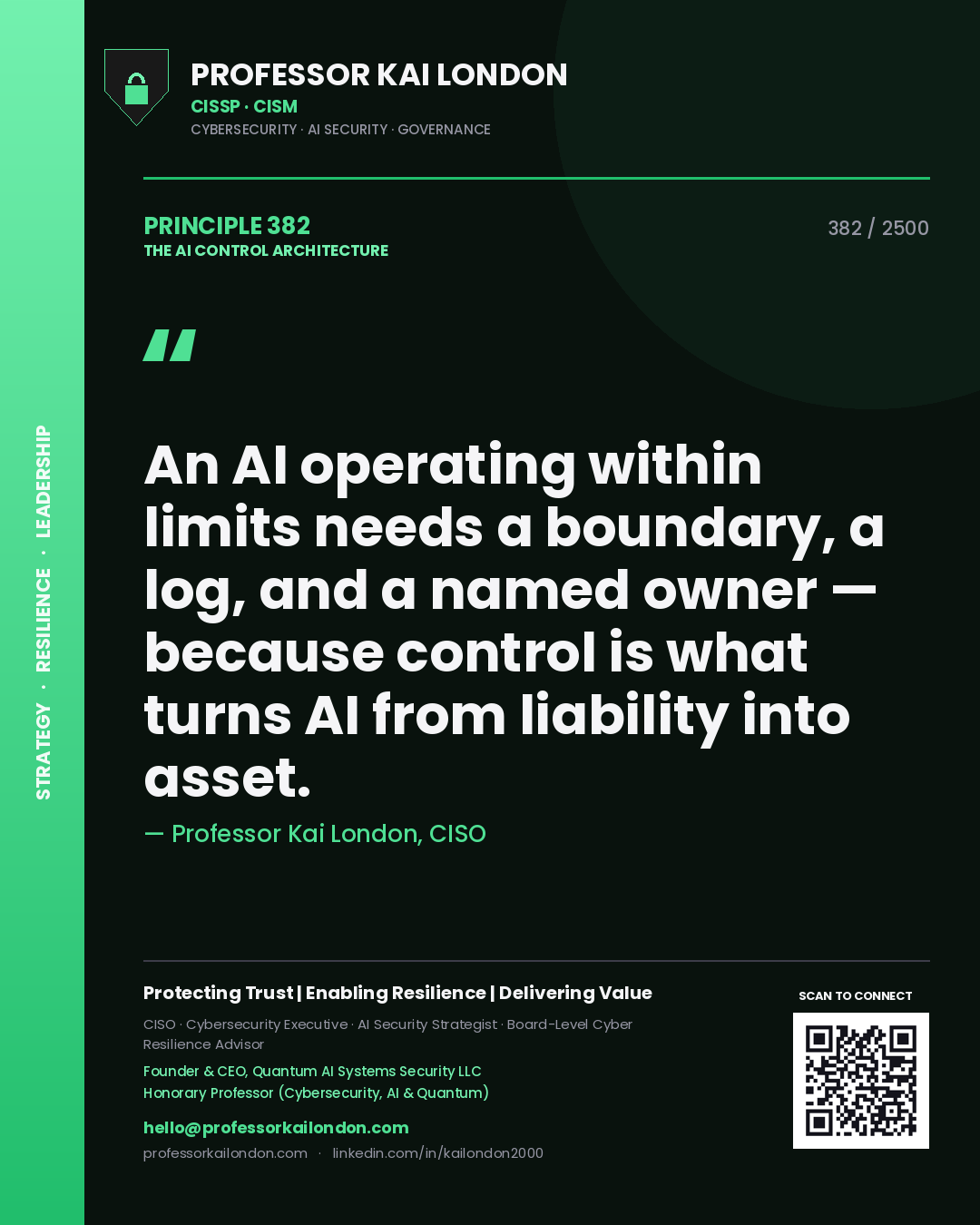 Quote card by Professor Kai London reading 'An AI operating within limits needs a boundary, a log, and a named owner — because control is what turns AI from liability into asset.'. From the book The AI Control Architecture.