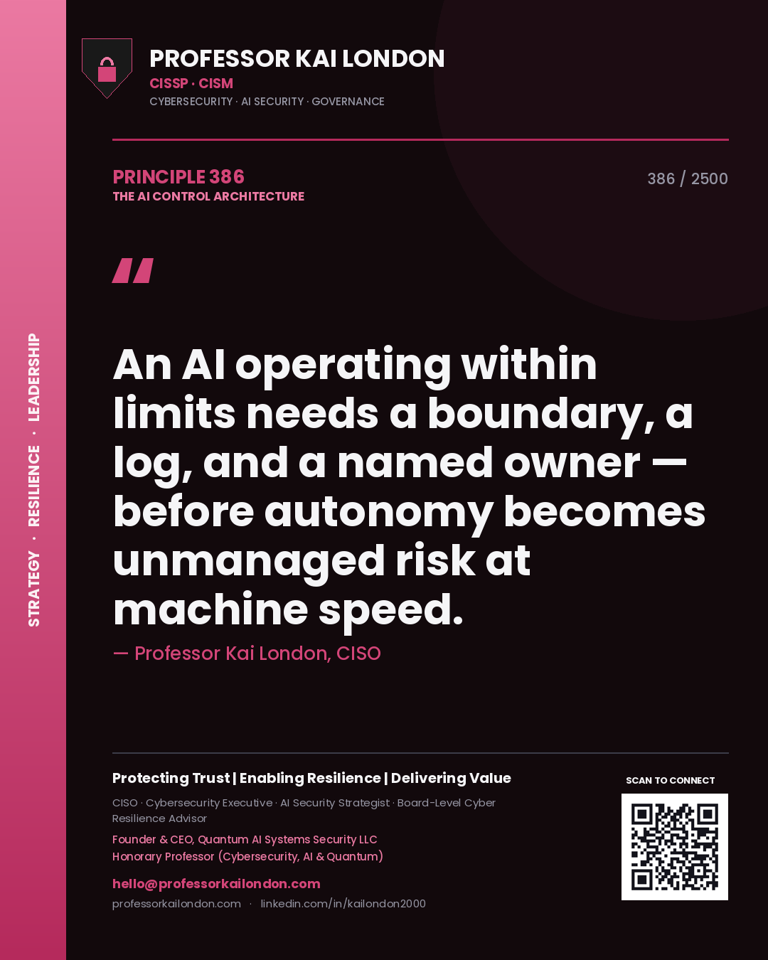 Quote card by Professor Kai London reading 'An AI operating within limits needs a boundary, a log, and a named owner — before autonomy becomes unmanaged risk at machine speed.'. From the book The AI Control Architecture.