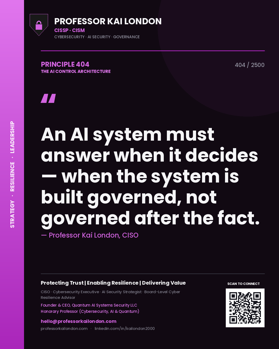 Quote card by Professor Kai London reading 'An AI system must answer when it decides — when the system is built governed, not governed after the fact.'. From the book The AI Control Architecture.