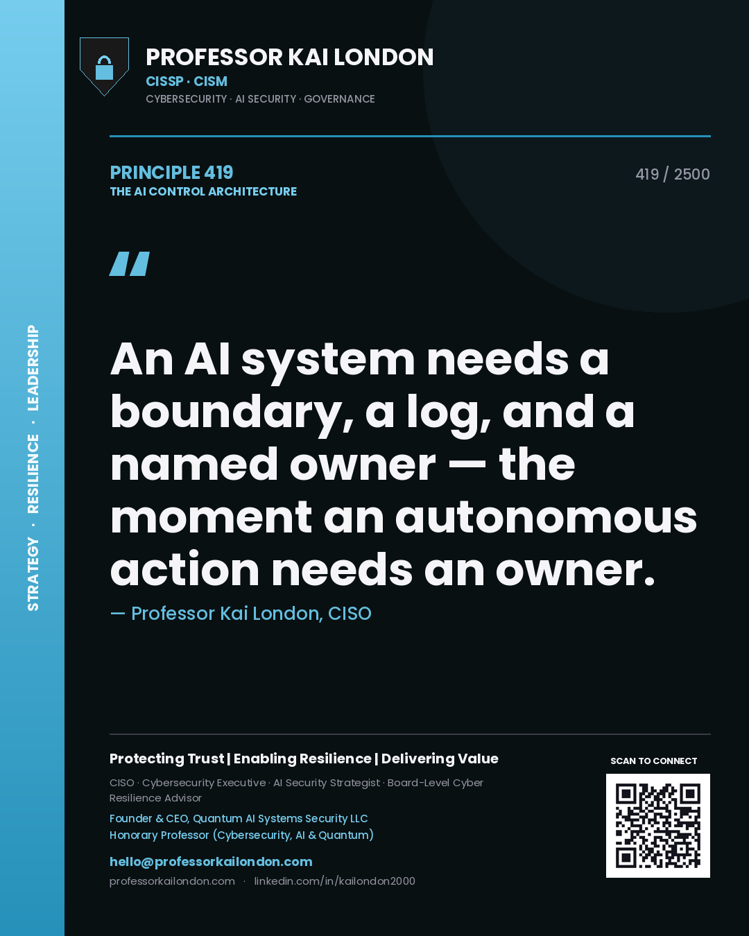 Quote card by Professor Kai London reading 'An AI system needs a boundary, a log, and a named owner — the moment an autonomous action needs an owner.'. From the book The AI Control Architecture.
