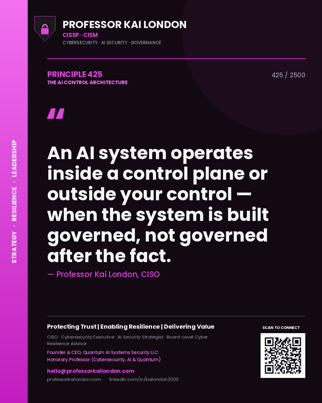 Quote card by Professor Kai London reading 'An AI system operates inside a control plane or outside your control — when the system is built governed, not governed after the fact.'. From the book The AI Control Architecture.