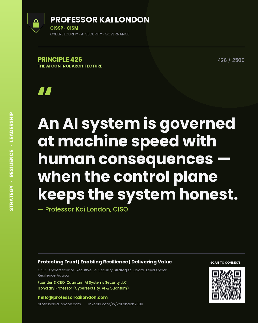 Quote card by Professor Kai London reading 'An AI system is governed at machine speed with human consequences — when the control plane keeps the system honest.'. From the book The AI Control Architecture.