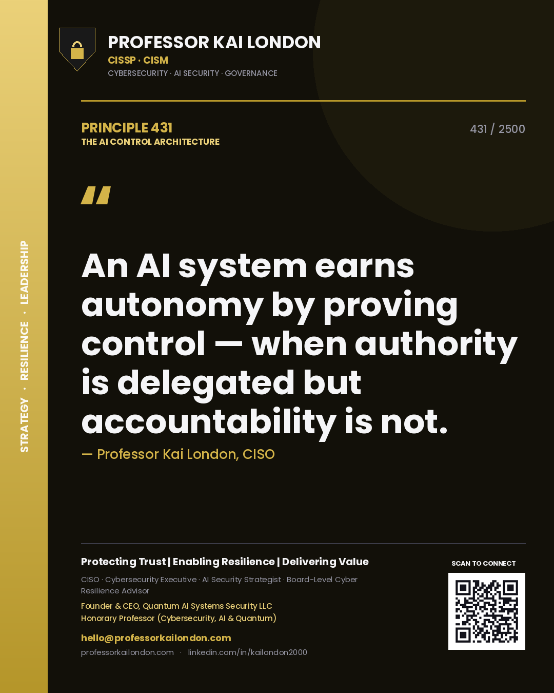 Quote card by Professor Kai London reading 'An AI system earns autonomy by proving control — when authority is delegated but accountability is not.'. From the book The AI Control Architecture.