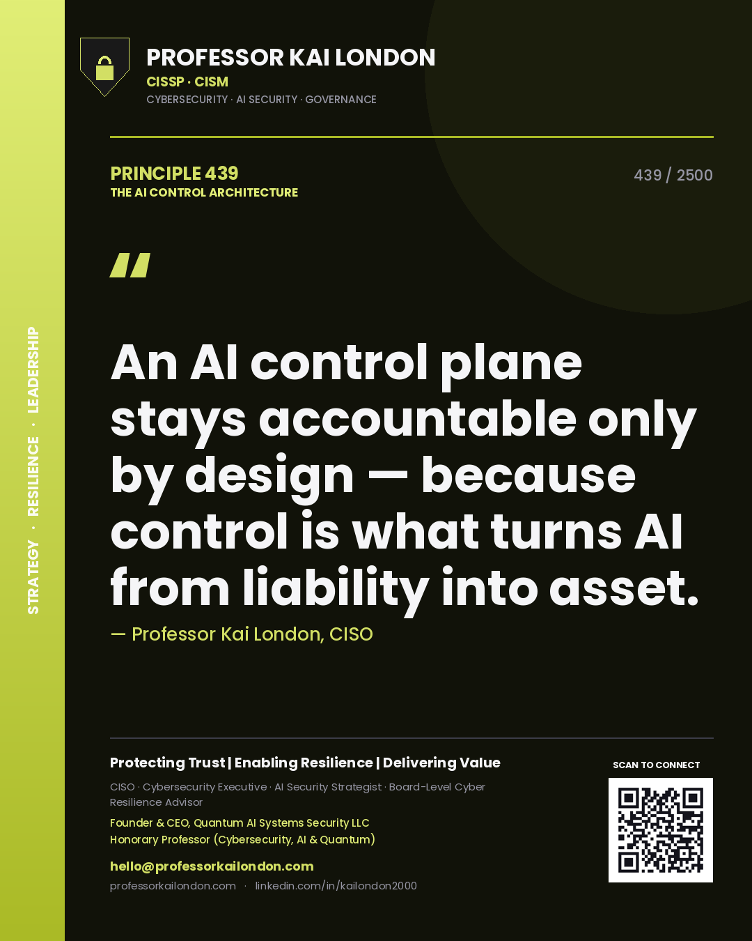 Quote card by Professor Kai London reading 'An AI control plane stays accountable only by design — because control is what turns AI from liability into asset.'. From the book The AI Control Architecture.