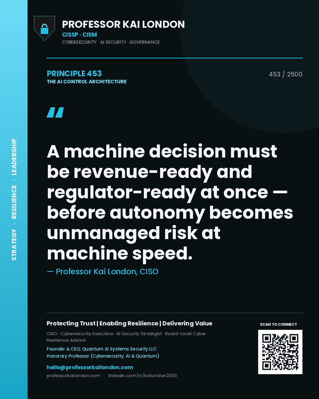 Professor Kai London principle 453: A machine decision must be revenue-ready and regulator-ready at once — before autonomy becomes unmanaged risk at machine speed.