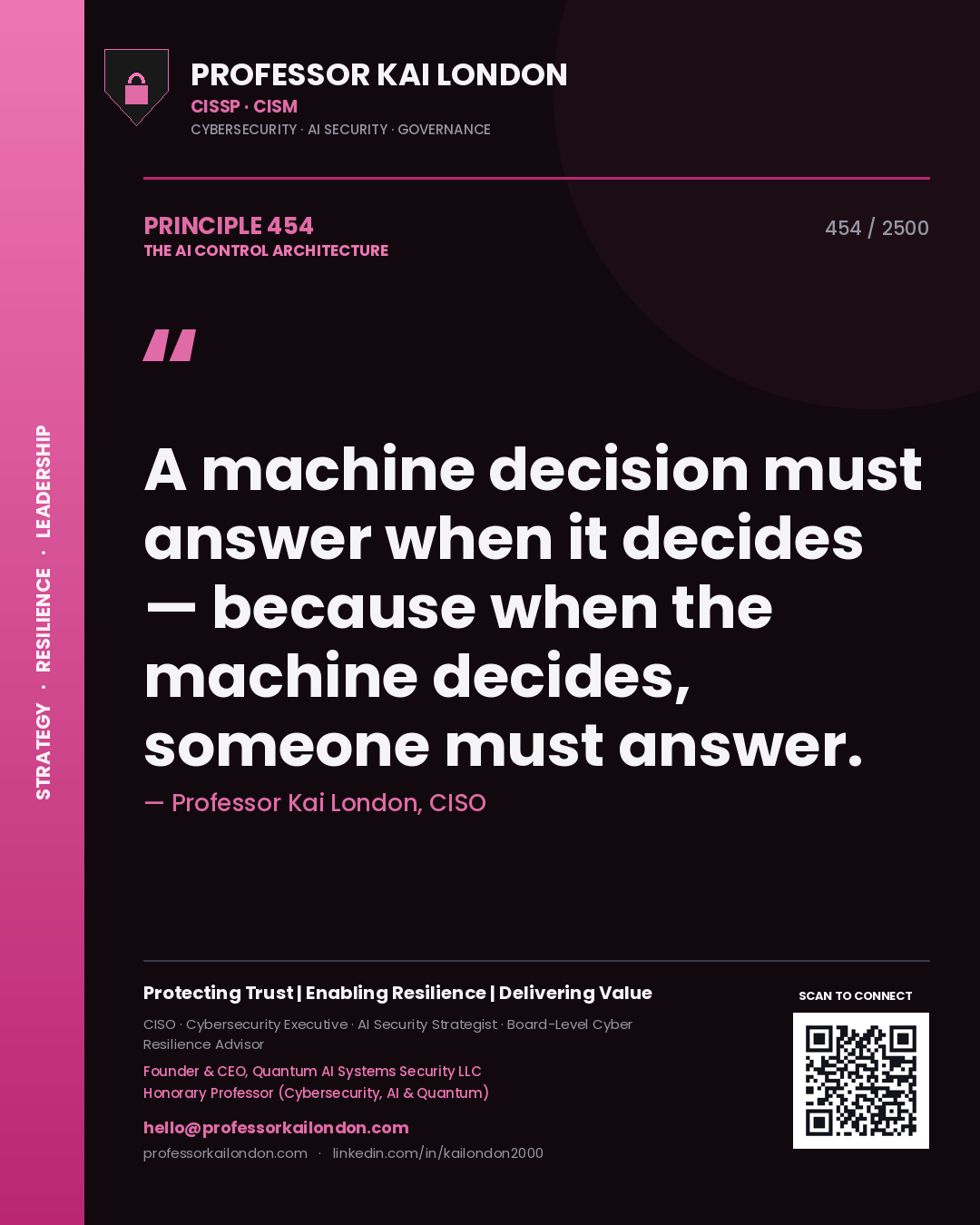 Professor Kai London principle 454: A machine decision must answer when it decides — because when the machine decides, someone must answer.