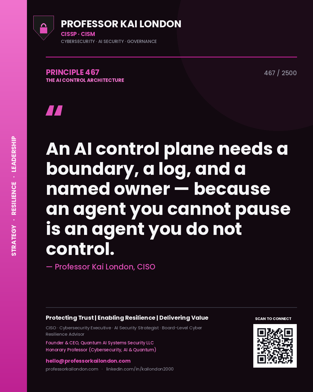 Quote card by Professor Kai London reading 'An AI control plane needs a boundary, a log, and a named owner — because an agent you cannot pause is an agent you do not control.'. From the book The AI Control Architecture.